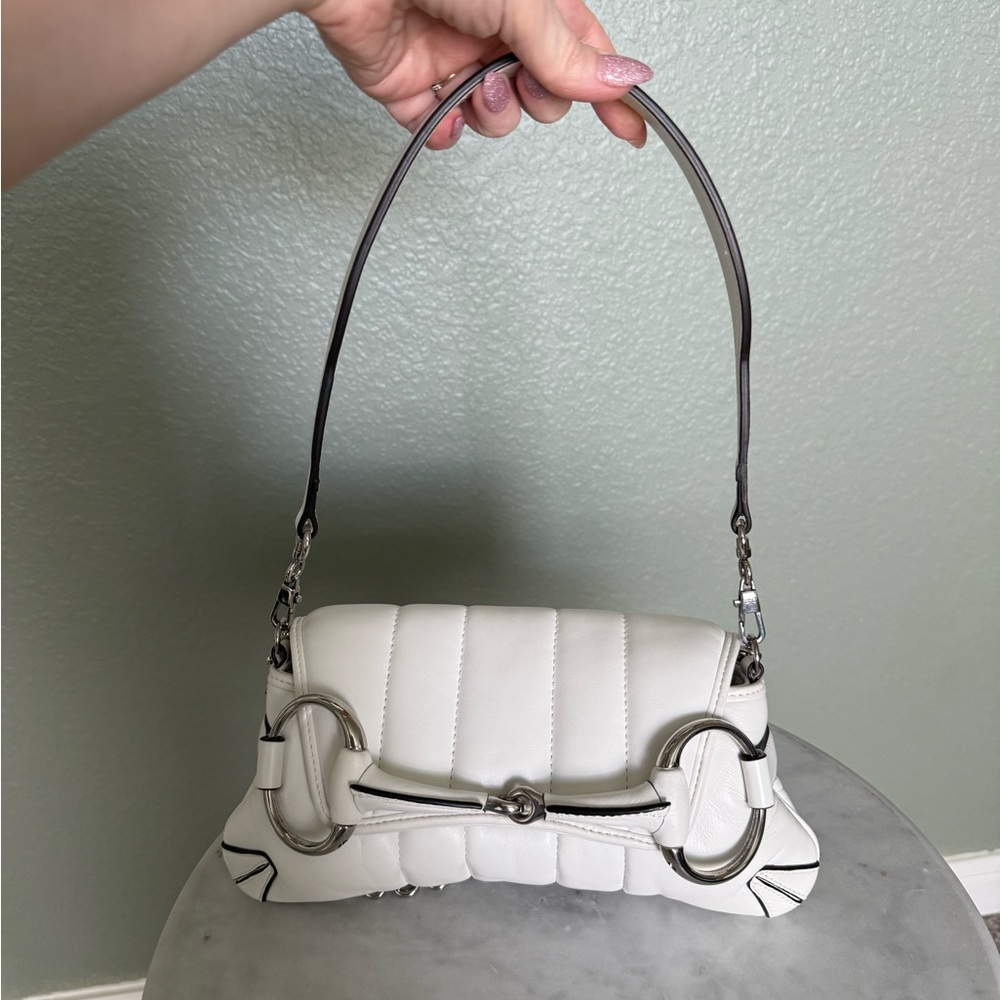 Gucci Tom Ford Era Horsebit Shoulder Bag – White Leather w/ Silver Hardwar